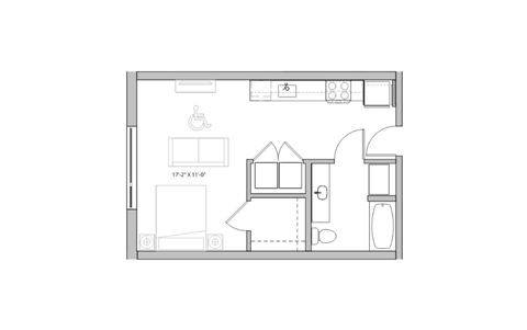 Floor plan for studio, 1 bath, 496 sqft